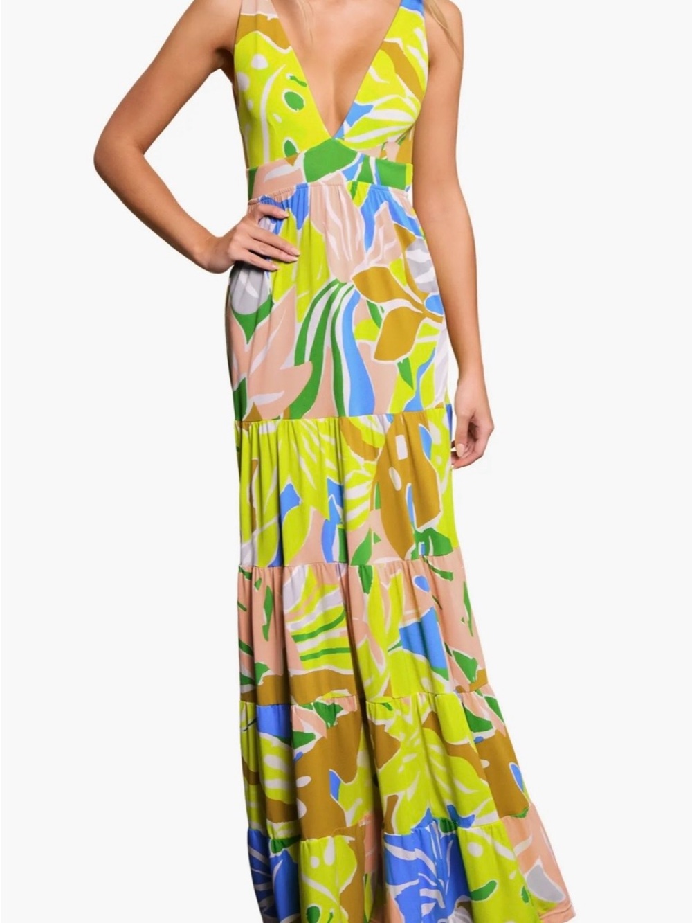 Maaji Lime Green, Blue & Pink Plunge Maxi Dress